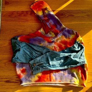 Cropped Tie-dye pullover hoodie with ripped jean sleeves